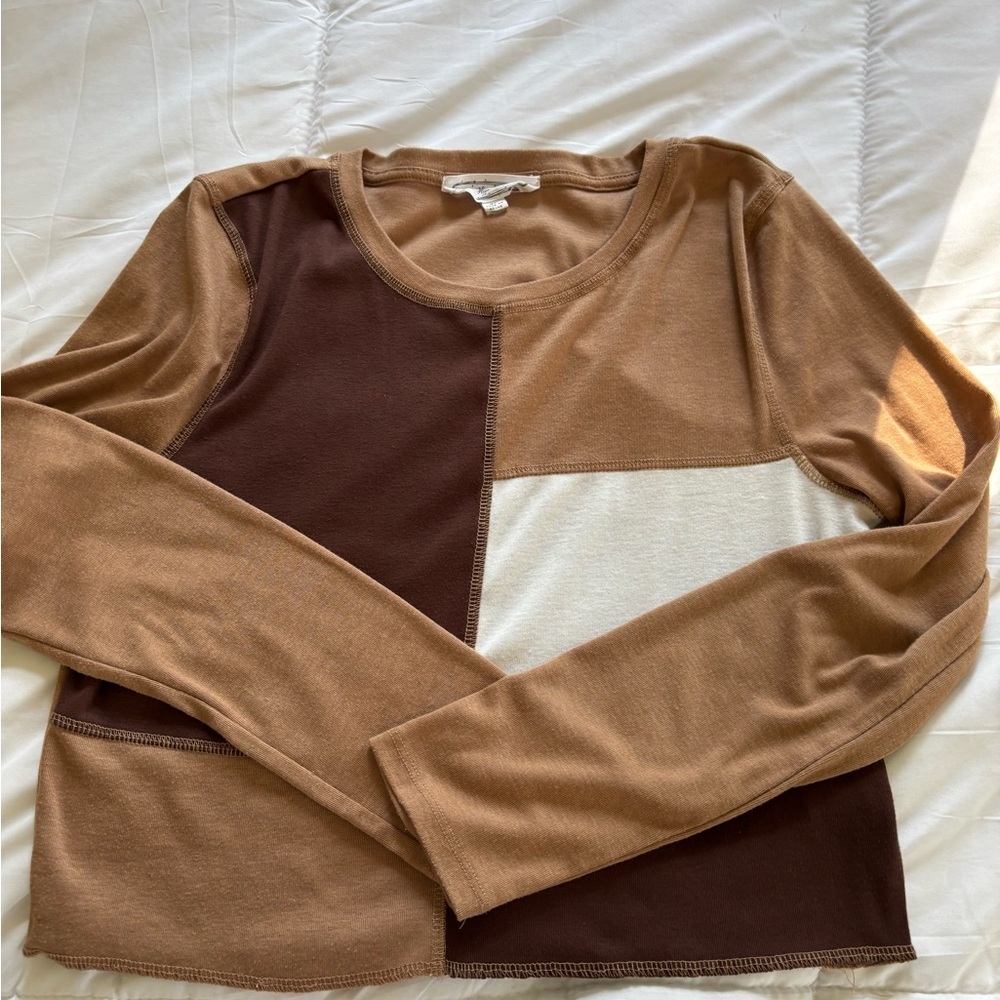 Colorblock Long Sleeve Top XL Neutral Patchwork Fall Outfit - Picture 7 of 7